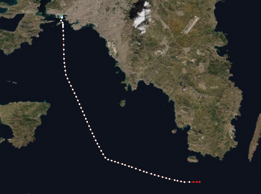 The trajectory of a vessel departing from the port of Piraeus. Blue dots denote the first AIS messages captured, red dots the last ones.