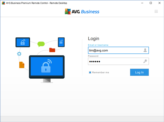 Customised Login window includes the AVG logo, a different brand image, application name and button colour, while it also eliminates the »Sign up« and »Forgot password« links.