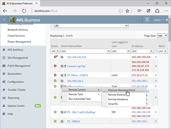 Starting AVG Business Premium Remote Control from Managed Workplace 9.2