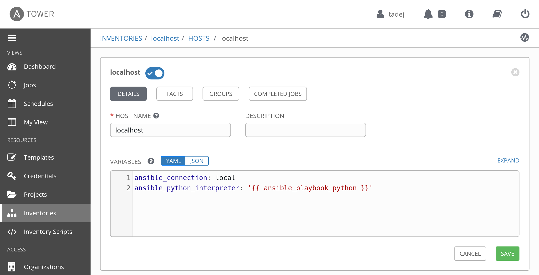 Defining localhost inventory.