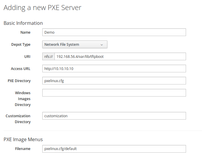 Dialog for adding a new PXE server to ManageIQ.