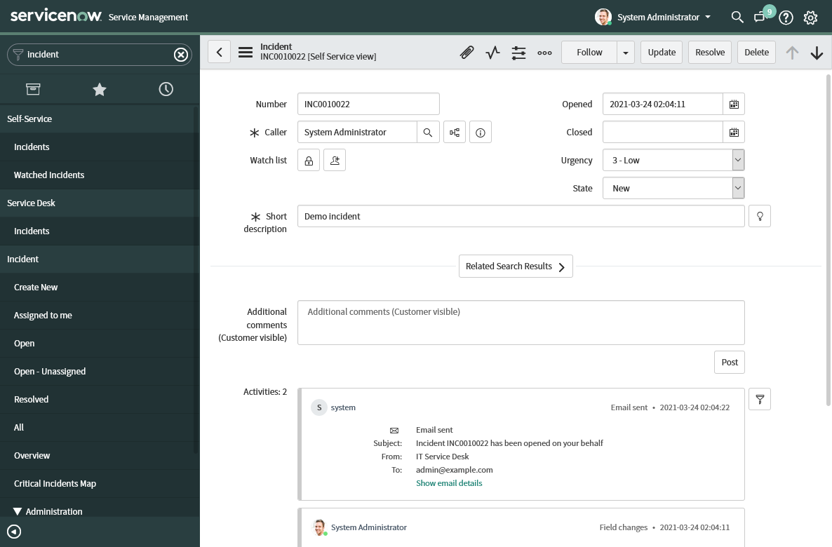 ServiceNow incident ticket, created using Ansible