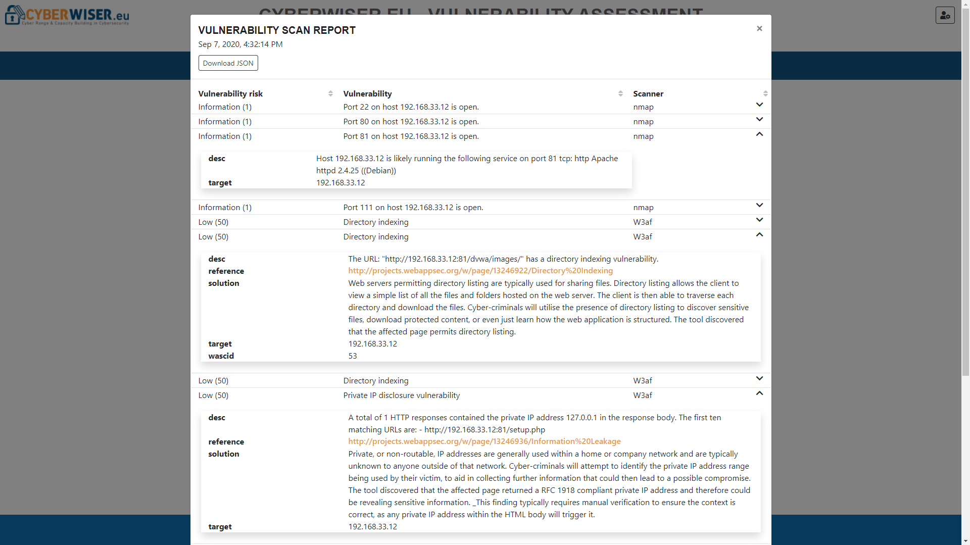 XLAB’s Vulnerability Assessment Tools showing a scan report with details of vulnerabilities detected.