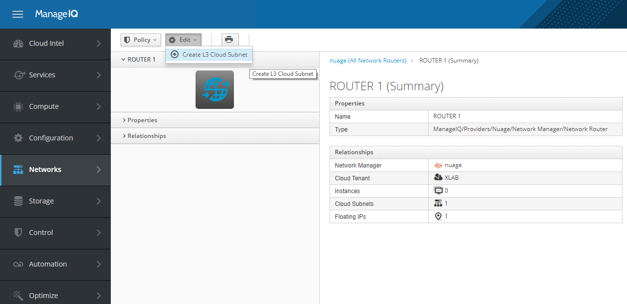 Provider-defined center-menu button &lsquo;Create L3 Cloud Subnet&rsquo;