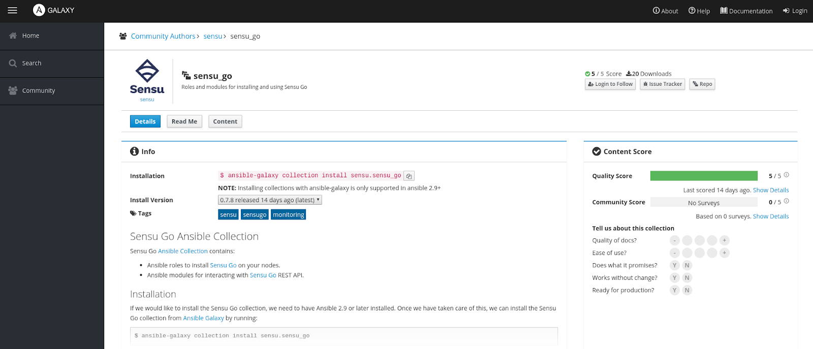 Sensu Go Ansible collection&rsquo;s Galaxy page