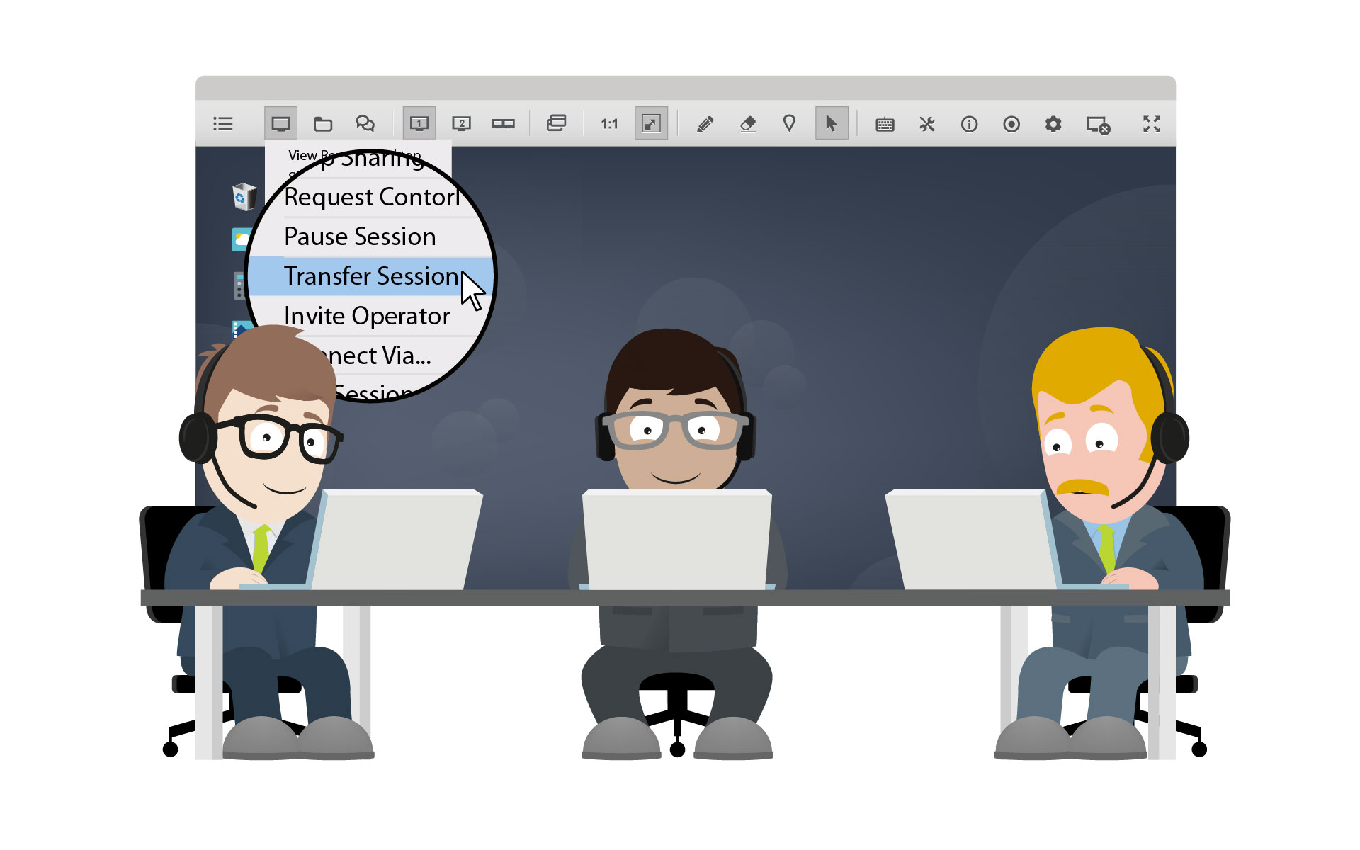 A professional remote support tool allows a team of technicians to efficiently collaborate on a remote computer and work together to solve a challenging technical problem.